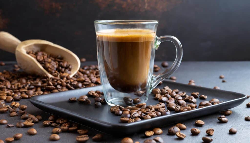 Un café lungo dans une tasse en verre posée sur un plateau de service noir 