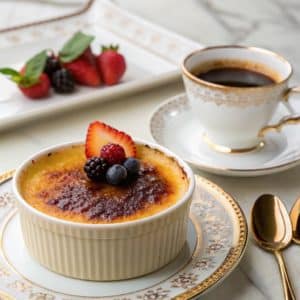 Crème brûlée au café servie avec une tasse de café