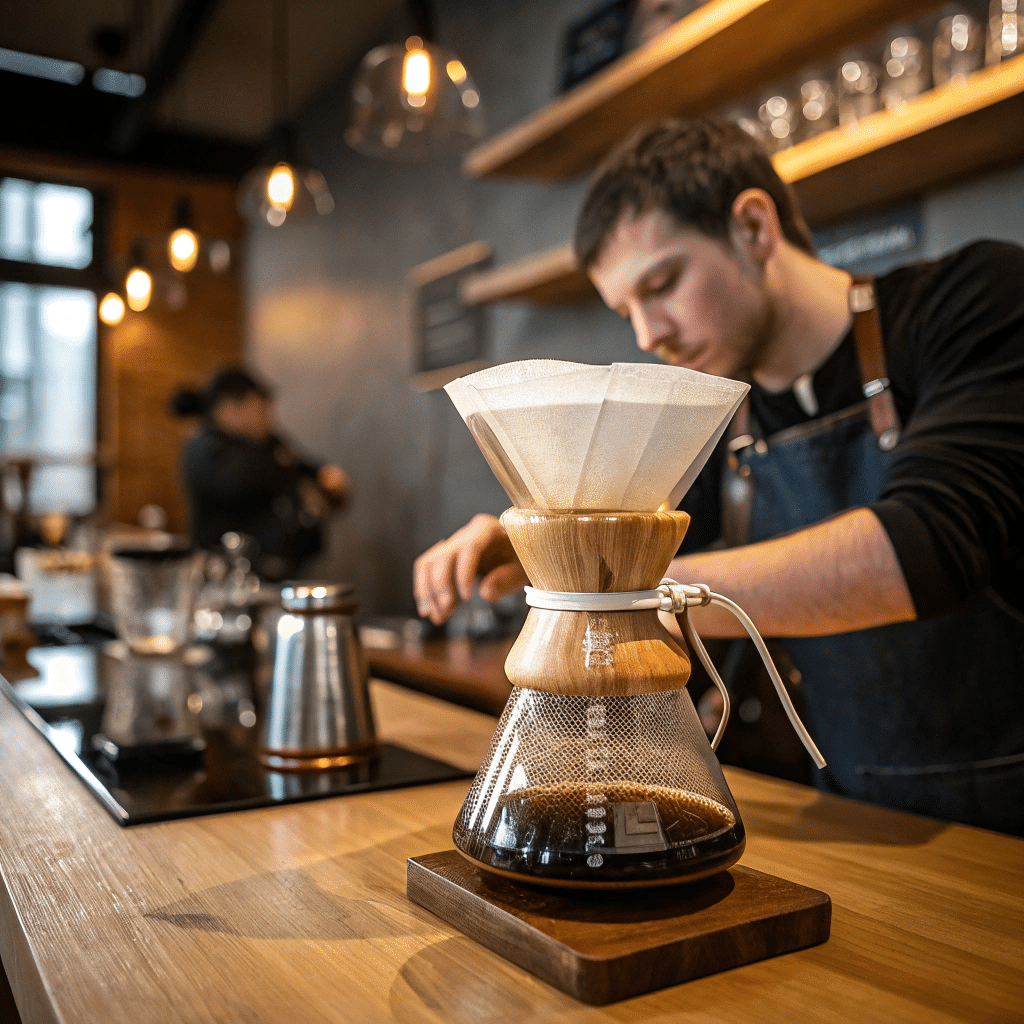 Une Chemex sur le comptoir d'un bar, avec un barista dans l'arrière-plan qui prépare quelque chose