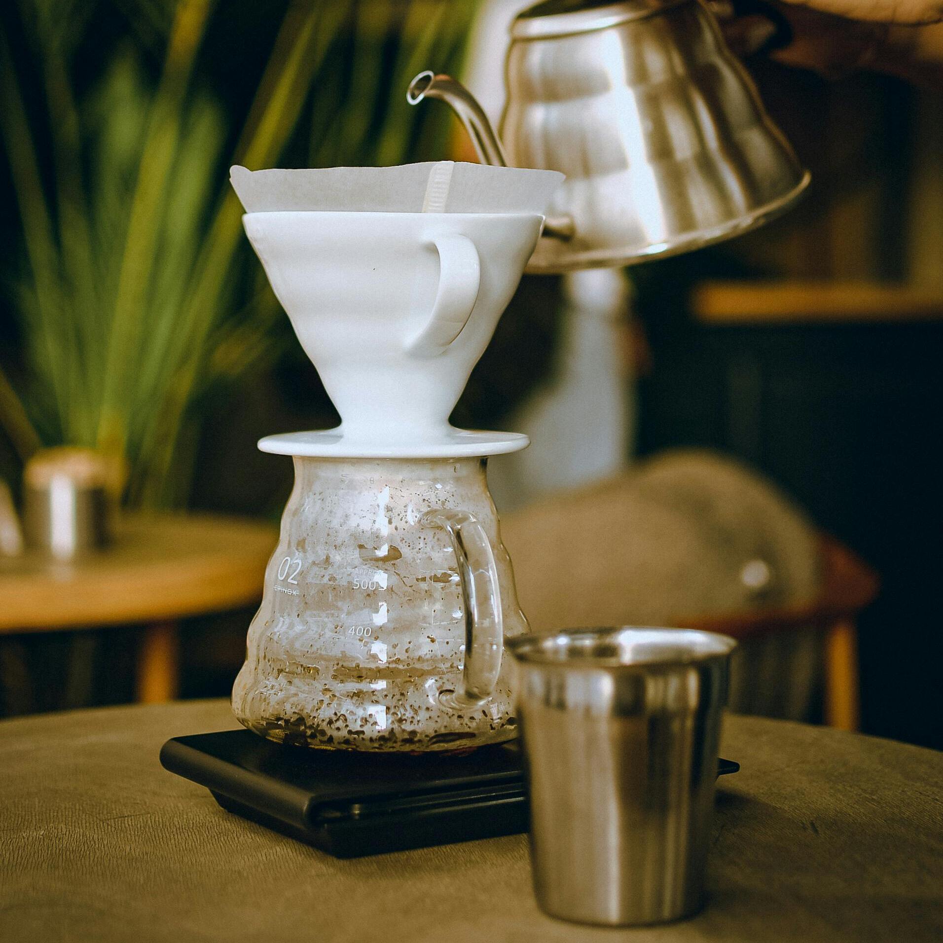 Une V60 au-dessus d'une tasse, une personne fait couler de l'eau depuis une théière à col de cygne
