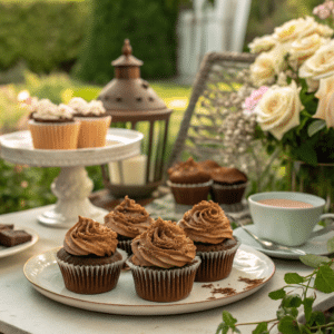 Des cupcakes sont posés sur une table dans un jardin