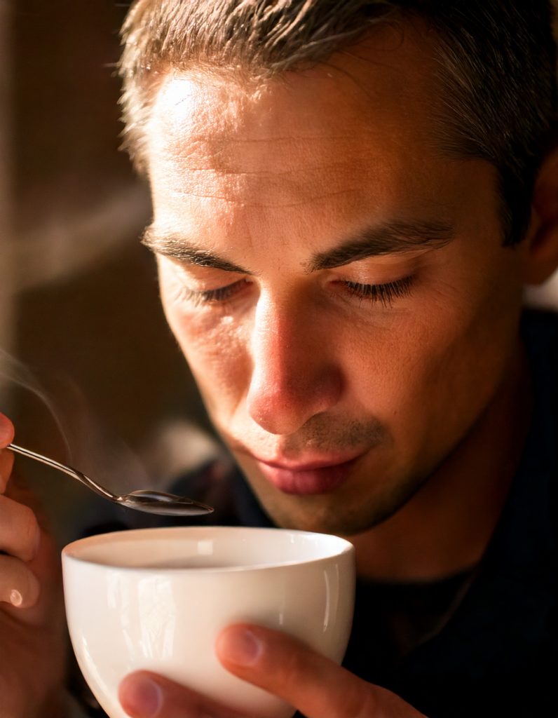 Un homme sent du café dans une tasse blanche