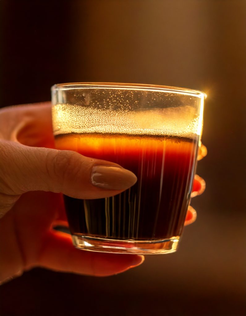 Une personne tient une tasse de café transparente dans la main à la lumière