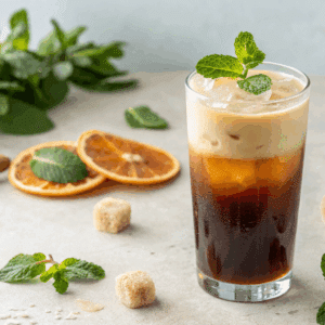 Un café Nitro Cold Brew avec des tranches d'orange et de la menthe