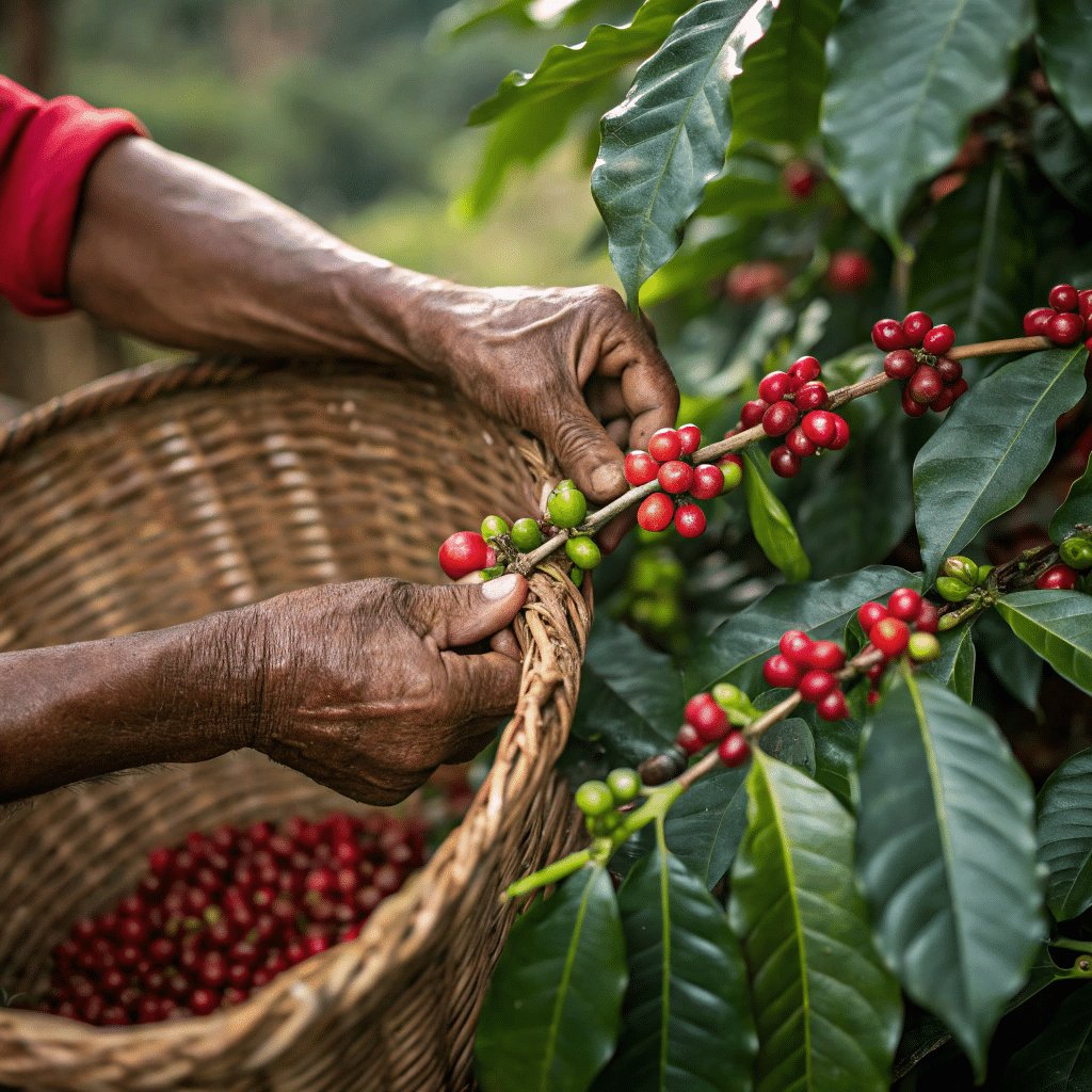 Cueillette artisanale de cafe en Jamaïque par un fermier