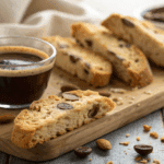 Planche en bois avec biscottis italiens aux amandes et pépites de chocolat, accompagnés d'un verre de café noir, amandes entières dispersées, bol de pépites de chocolat en arrière-plan.