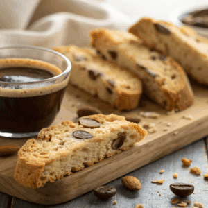 Planche en bois avec biscottis italiens aux amandes et pépites de chocolat, accompagnés d'un verre de café noir, amandes entières dispersées, bol de pépites de chocolat en arrière-plan.