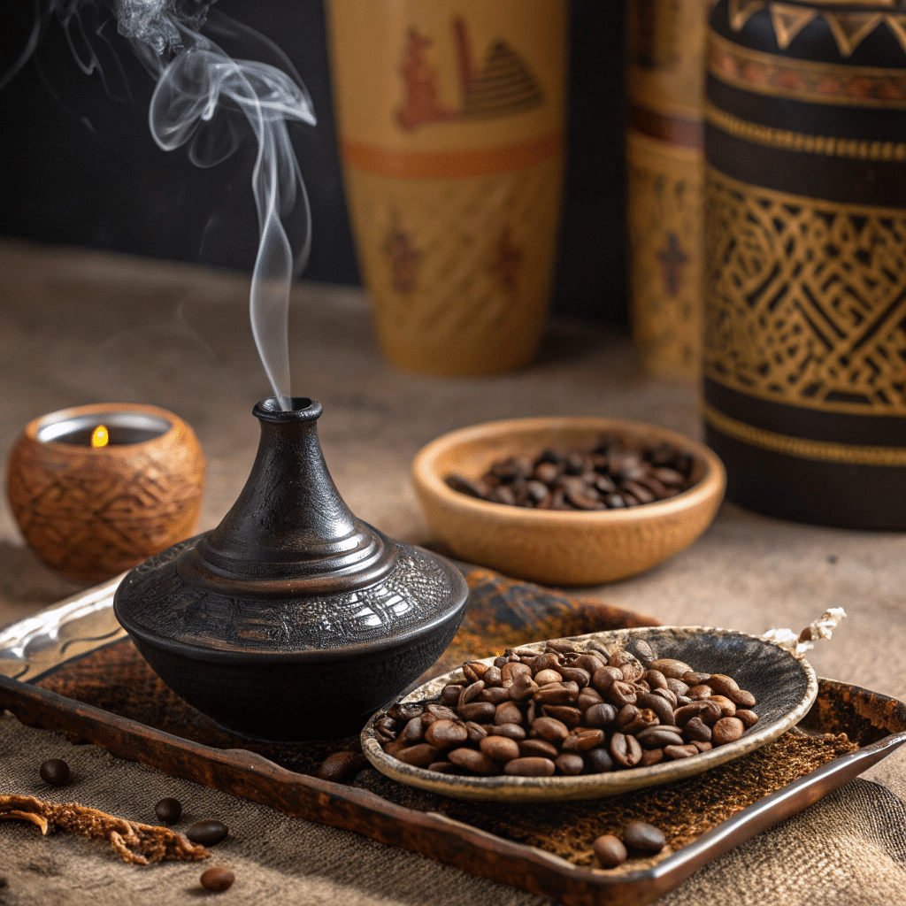 ceremonie-du-cafe-ethiopienne-traditionnelle » Café 9|38 Jebena noire fumante (cafetière traditionnelle éthiopienne), grains de café torréfiés dans des plats en céramique, encens brûlant dans un petit brûleur sculpté, et objets artisanaux éthiopiens en arrière-plan.