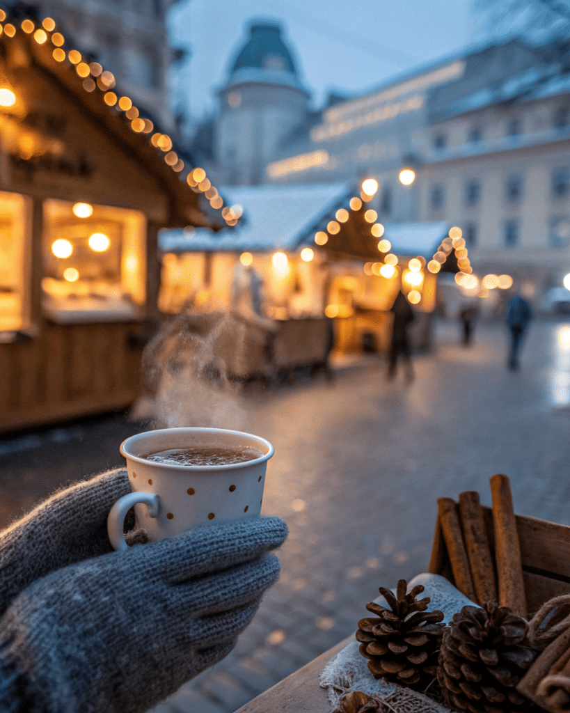 marche-de-noel-allemand-cafe-fumant-4-5 » Café 9|38 Main gantée tenant une tasse fumante de boisson chaude à pois blancs, avec bâtons de cannelle et pommes de pin dans une caisse en bois, chalets illuminés de guirlandes dorées en arrière-plan flou.