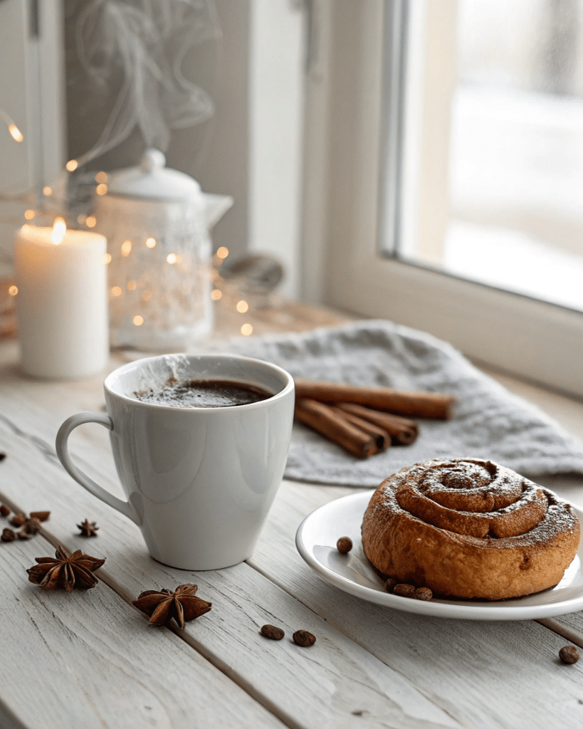 scene-de-fika-suedois-elegante-sur-une-table-en-bois-clair-4-5 » Café 9|38 Tasse de café fumant et brioche à la cannelle saupoudrée de sucre glace sur une assiette blanche, avec bâtons de cannelle, étoiles d'anis, bougie allumée et guirlande lumineuse près d'une fenêtre.