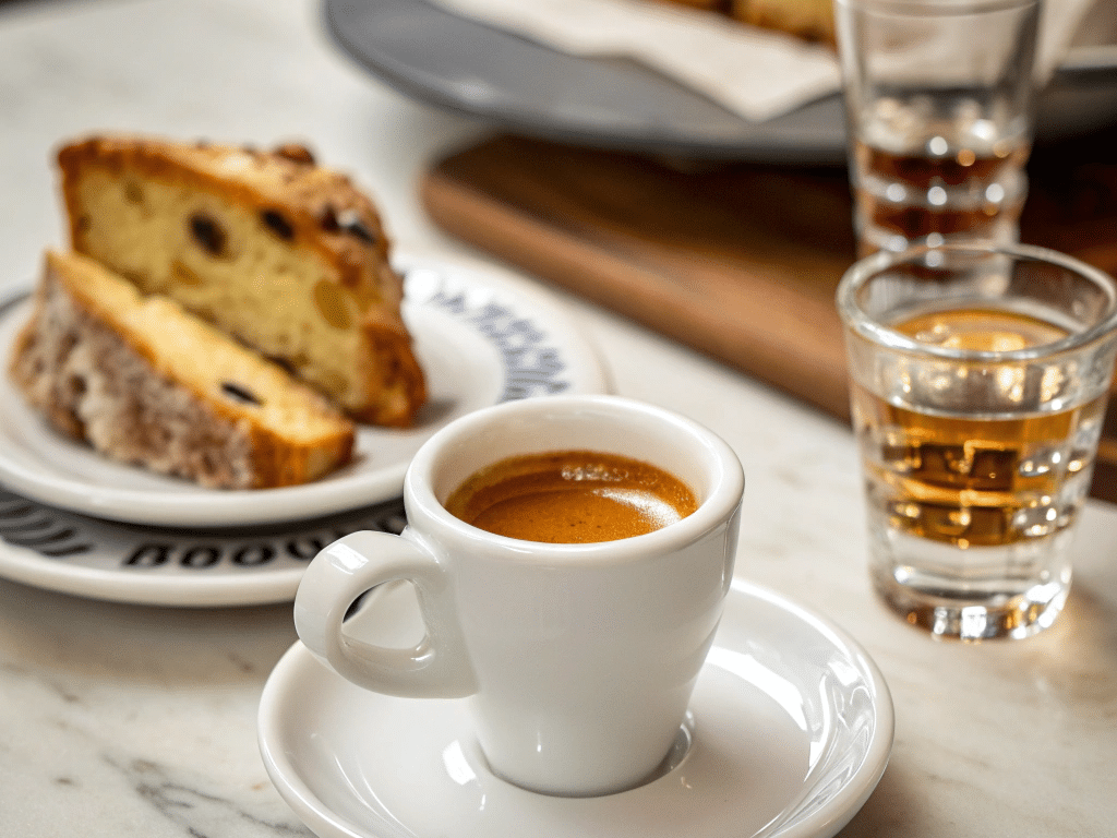 scene-espresso-italien-4-3 » Café 9|38 Petite tasse blanche d'espresso crémeux sur table en marbre, accompagnée de deux verres (eau et spiritueux ambré) et de tranches de biscotti ou cake aux fruits secs en arrière-plan.