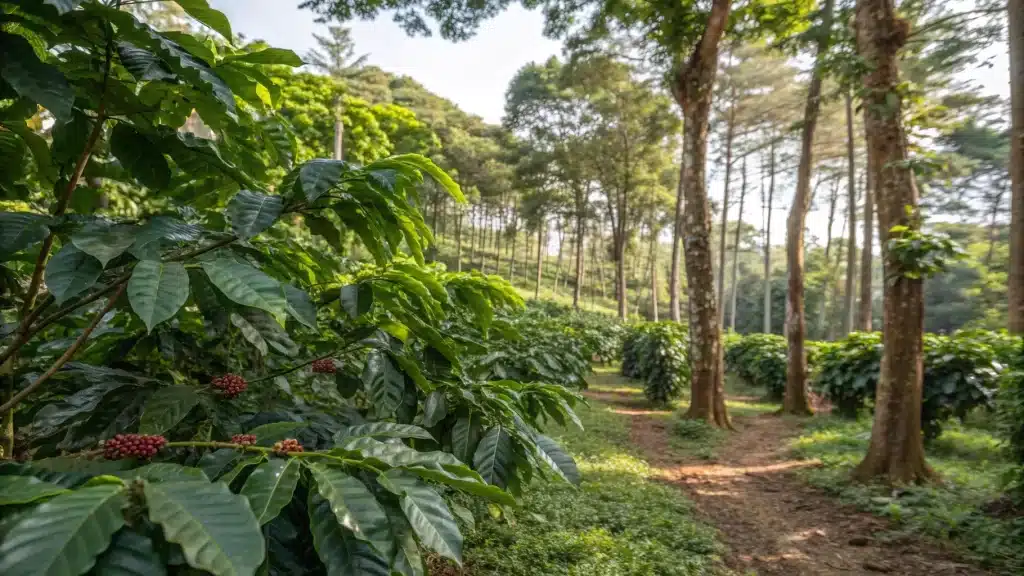 Cafe-938-arbres-plantation-cafe » Café 9|38 Des cerises de café rouges dans une plantation ombragée.