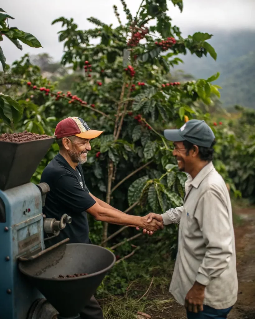 Cafe-938-commerce-direct-producteurs » Café 9|38 Deux hommes se serrent la main dans une plantation de café.