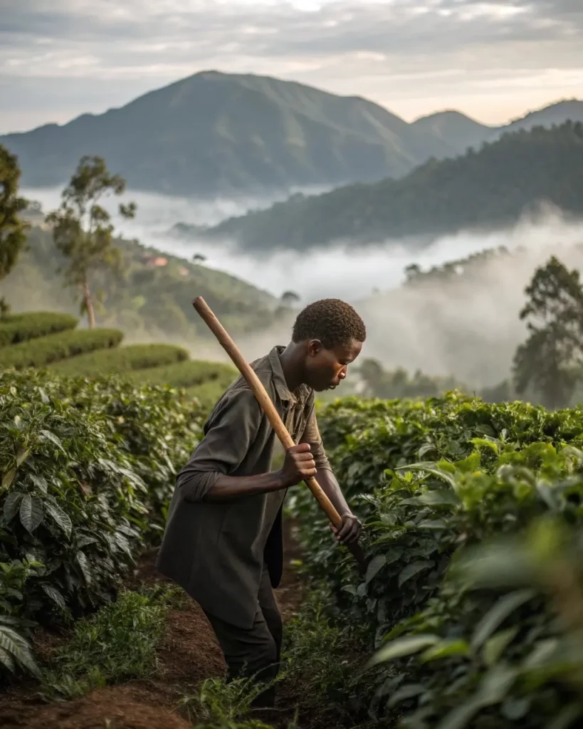Cafe-938-jeunes-reprenne-fermes-familiales » Café 9|38 Un homme travaillant dans une plantation de montagne brumeuse.