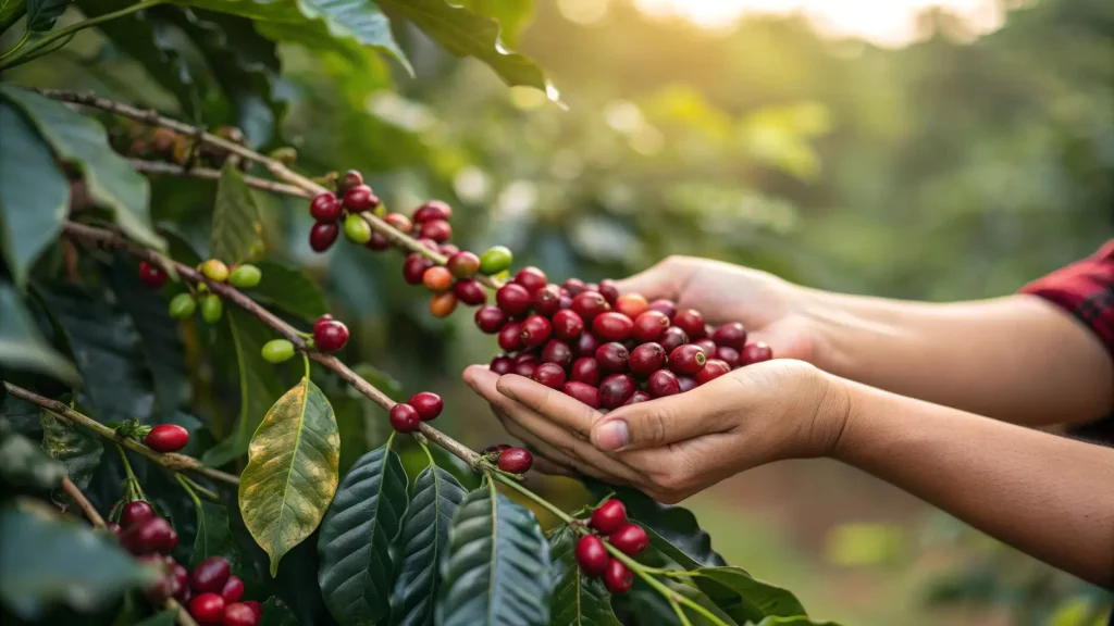 Cafe-938-producteurs-cultivent-cafe » Café 9|38 Des mains tenant des cerises de café rouges sur une branche.