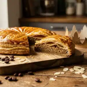 Galette des rois maison à la frangipane au café et tasse d'espresso.