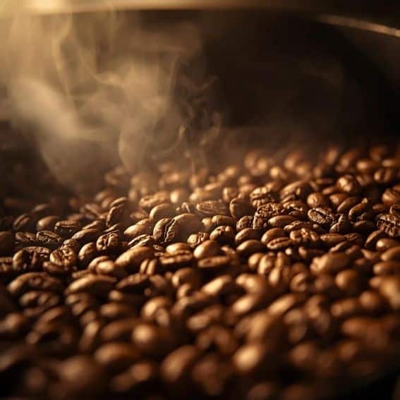 Grains de café, fumants.