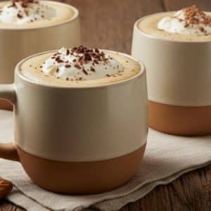 lait-de-poule-veloute-au-cafe » Café 9|38 Trois tasses de lait de poule au café, garnies de crème fouettée et de copeaux de chocolat, posées sur une table en bois devant un feu de cheminée.
