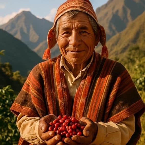 Producteur de café péruvien présentant des cerises de café, Andes en arrière-plan.