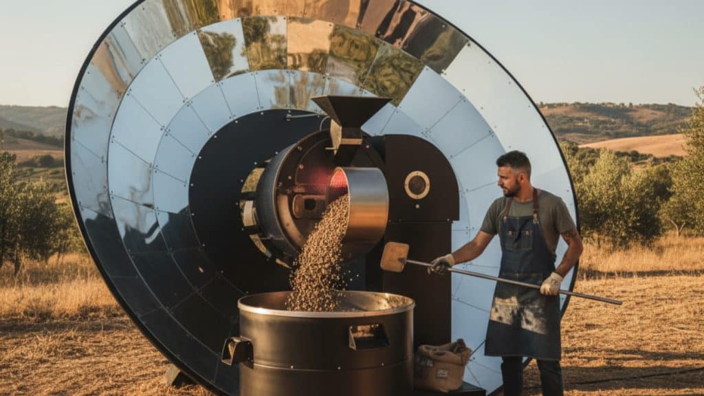 Torréfacteur solaire avec concentrateur parabolique de miroirs en plein air, un artisan supervisant la torréfaction de grains de café.