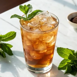 Cafe-938-the-glace-lungo-bio » Café 9|38 Verre de thé glacé avec du café lungo bio et des feuilles de menthe.