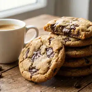 Cafe938-cookies-au-cafe » Café 9|38 Cookies aux pépites de chocolat et tasse de café sur une table en bois.