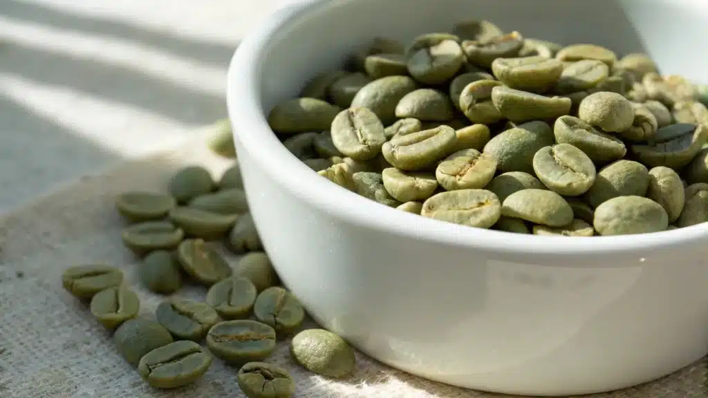 Cafe938-grains-cafe-vert » Café 9|38 Gros plan sur des grains de café verts crus dans un bol en céramique blanc, avec quelques grains éparpillés sur une toile de jute.