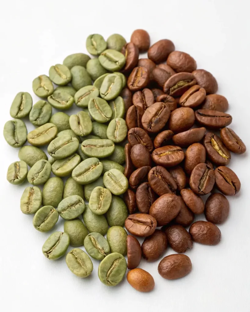 Cafe938-grains-verts-et-torrefies » Café 9|38 Grains de café verts et grains de café bruns, divisés en deux moitiés.