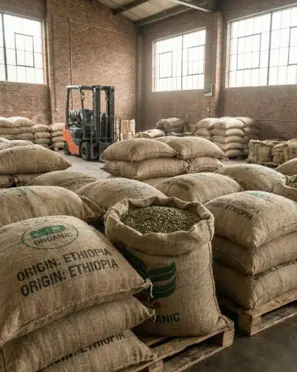 Cafe938-stockage-grains-cafe » Café 9|38 Entrepôt rempli de sacs de grains de café vert.