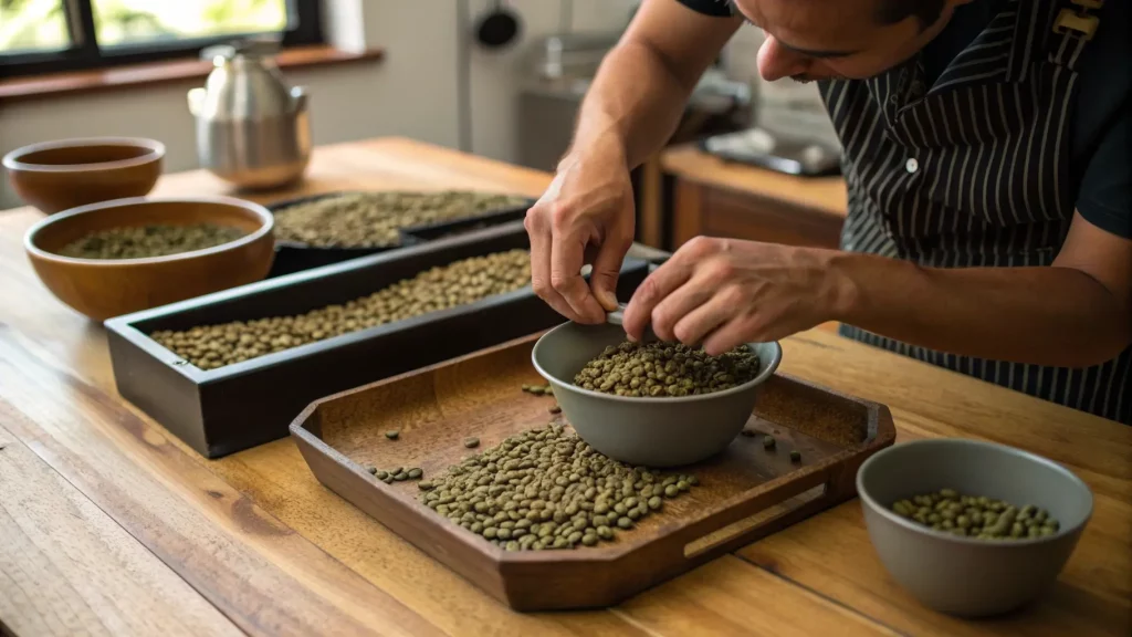 Cafe938-terrefacteur-triant-cafe-vert » Café 9|38 Un homme trie manuellement des grains de café verts dans un bol, entouré d'autres récipients remplis de grains sur une table en bois dans une cuisine lumineuse.