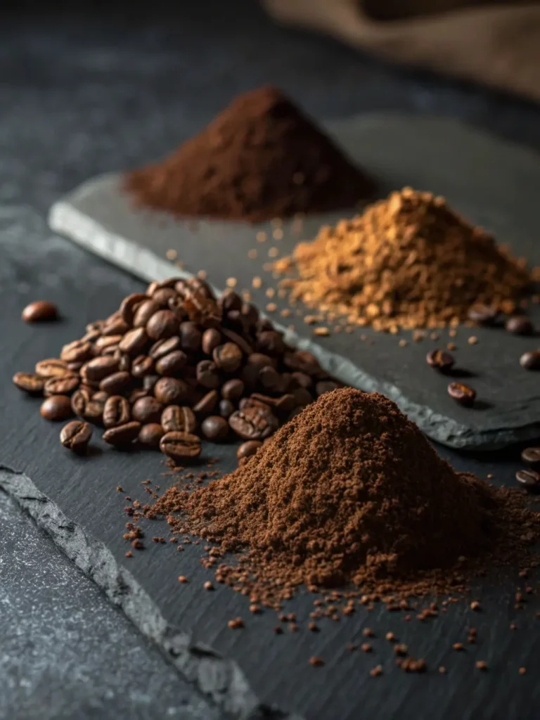 Cafe938-3-moutures-cafe » Café 9|38 Trois moutures de café différentes sur des ardoises.