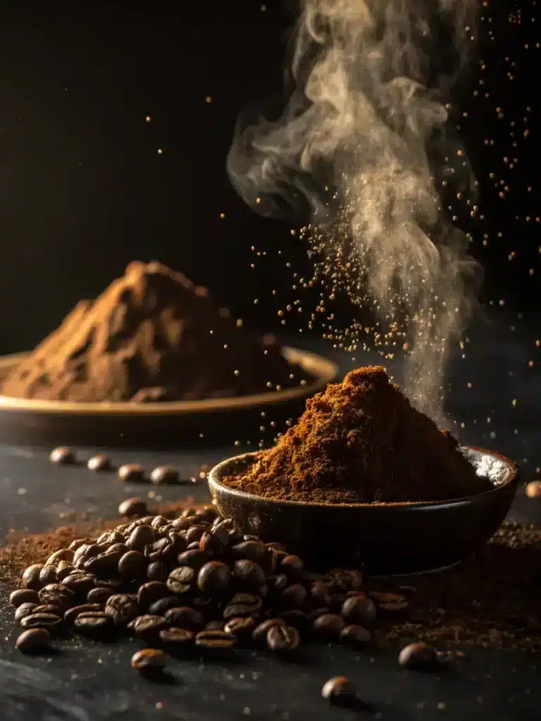 Café fumant fraîchement moulu sur une table en bois avec des grains entiers.