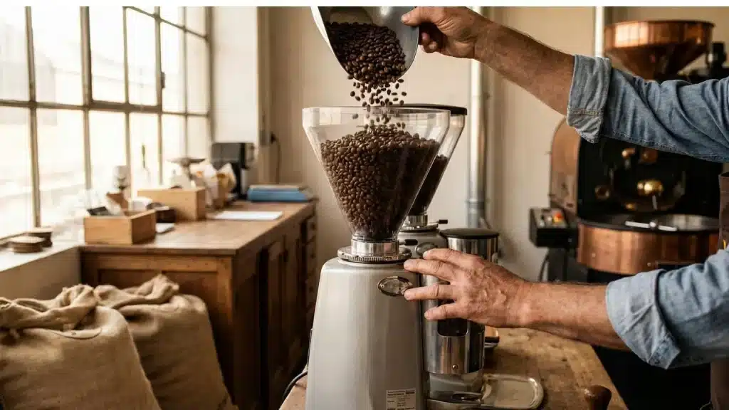 Cafe938-moudre-les-grains » Café 9|38 Barista versant des grains de café dans un moulin professionnel au sein d'un atelier de torréfaction.