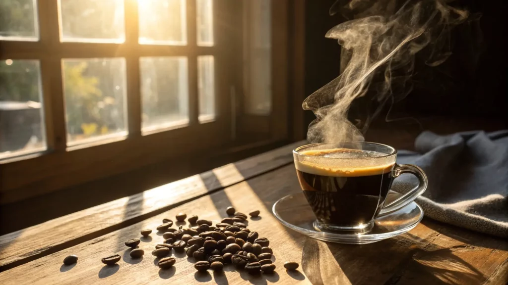 Cafe938-tasse-a-cafe-a-cote-de-la-fenetre » Café 9|38 Tasse à café fumante sur une table en bois à côté de grains de café et d'une fenêtre.