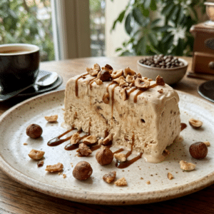 Gemini_Generated_Image_68om868om868om86 » Café 9|38 Nut-topped creamy cake with caramel drizzle on a plate, scattered nuts around it, coffee cups in the background on a wooden table.