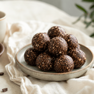 Cafe938 - Energy balls au cafe et dattes sans cuisson » Café 9|38 Des energy balls posées dans une assiette avec un café et des dattes à côté.