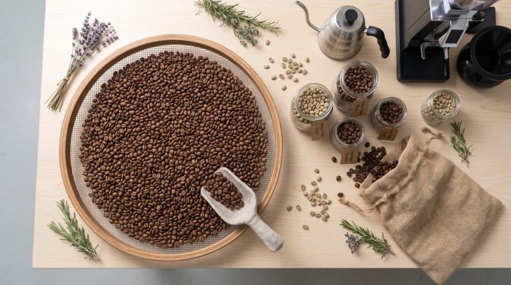 Cafe938 - Grains de café torréfié » Café 9|38 Grains de café tout juste torréfiés sur une table.