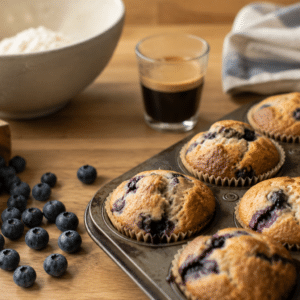 Café938 - Muffins café myrtilles » Café 9|38 Des muffins qui sortent du four, posés sur une table avec un café à côté et quelques ingrédients.