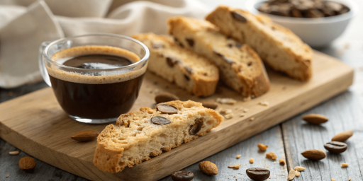 Planche en bois avec biscottis italiens aux amandes et pépites de chocolat, accompagnés d'un verre de café noir, amandes entières dispersées, bol de pépites de chocolat en arrière-plan.