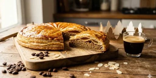 Galette des rois maison à la frangipane au café et tasse d'espresso.