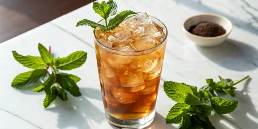 Verre de thé glacé avec du café lungo bio et des feuilles de menthe.