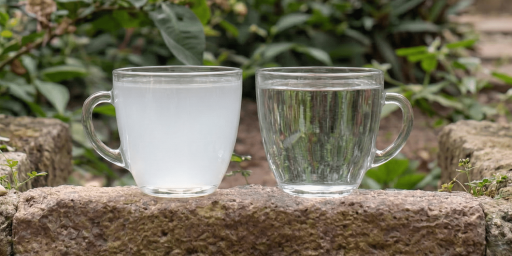 Deux tasses d'eau posées sur un muret, un avec du calcaire, un autre sans