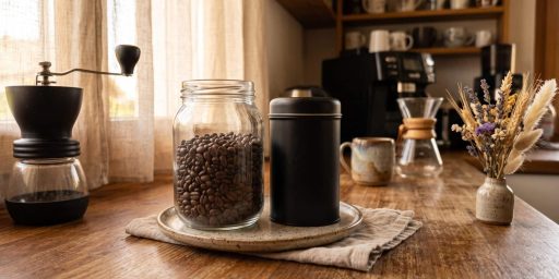 Un bocal en verre ouvert avec des grains de café qui représentent la mauvaise conservation. Et un pot hermétique à côté pour démontrer la bonne conservation des grains.