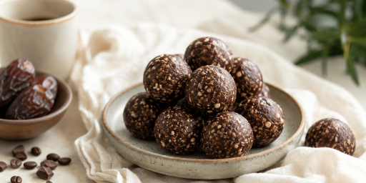Des energy balls posées dans une assiette avec un café et des dattes à côté.