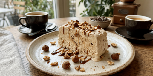 Une part de gâteau semifreddo glacé au café et éclats de noisettes.