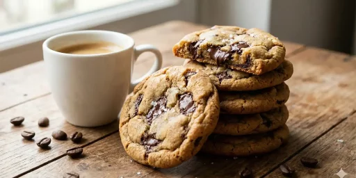 Cookies aux pépites de chocolat et tasse de café sur une table en bois.