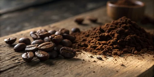 Café en grains et moulu sur une table en bois.