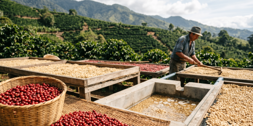 Un homme qui traite les grains de café après la récolte.