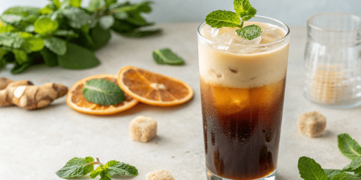 Un café Nitro Cold Brew avec des tranches d'orange et de la menthe