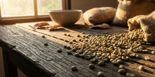 Grains de café verts sur une table en bois.